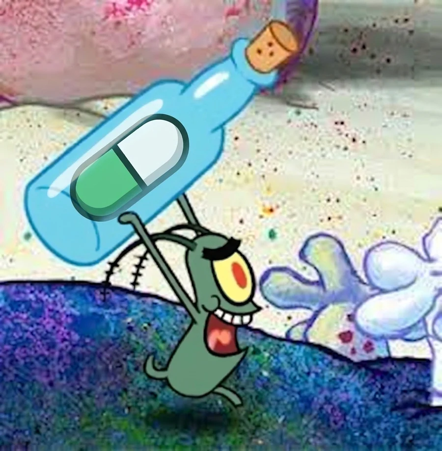 a very small green man running off with the whole bottle, one pill visible through the glass